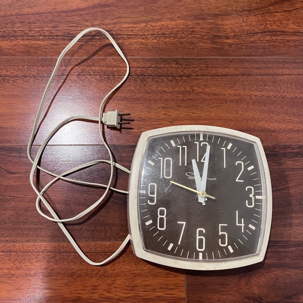 Vintage Ingraham Electric Wall Clock McGraw-Edison 30-418 MCM Square Brown White